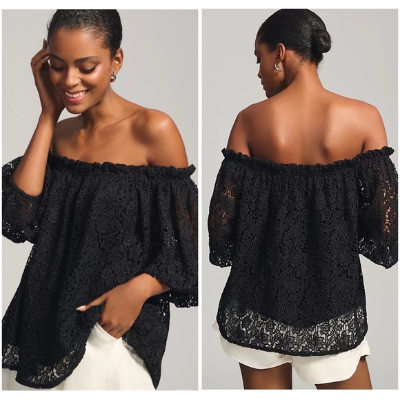 Anthropologie Maeve Black Off the Shoulder Cut work eyelet top NWT Large - Picture 5 of 5